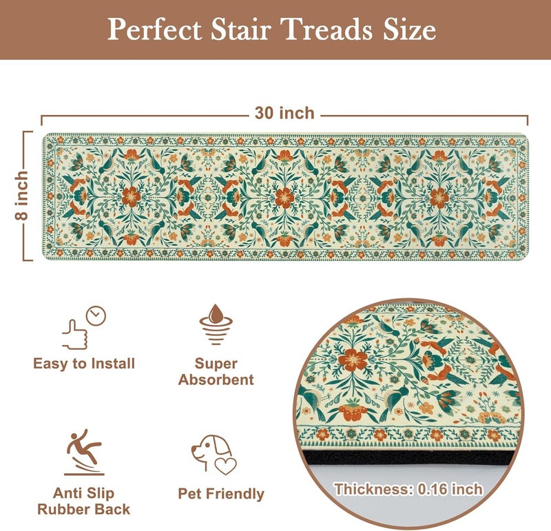 Ojia Floral Stair Treads Non-Slip Stair Runner for Wooden Steps Indoor 15PCS 30"x8" Carpet Stair Treads Stair Mats Staircase Step Treads for Kids, Elders and Dogs, Stair Covers, Beige - Image 2